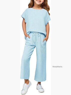 Girls 2 Piece Outfit Cap Sleeve Top Wide Leg Pants Set Sweatsuit 5-14 Years